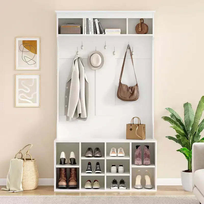 PexFix Hall Tree With Bench and Shoe Storage With 7 Coat Hooks and Seating Adjustable Storage