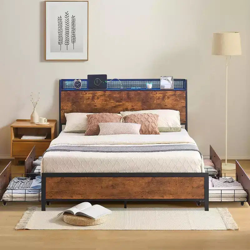 DobleePy Queen Brown Storage Bed Frame with Headboard, 4 Drawers, LED Strip & Charging Ports, Metal Platform, No Box Spring Needed