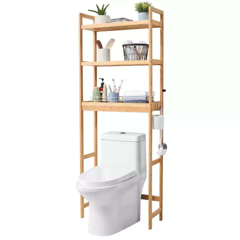 VEVOR Over the Toilet Storage, 3-Tier Adjustable Over Toilet Bathroom Organizer, Bamboo Storage Shelf Rack with 3 Hooks, Fit Most Toilets, Bamboo