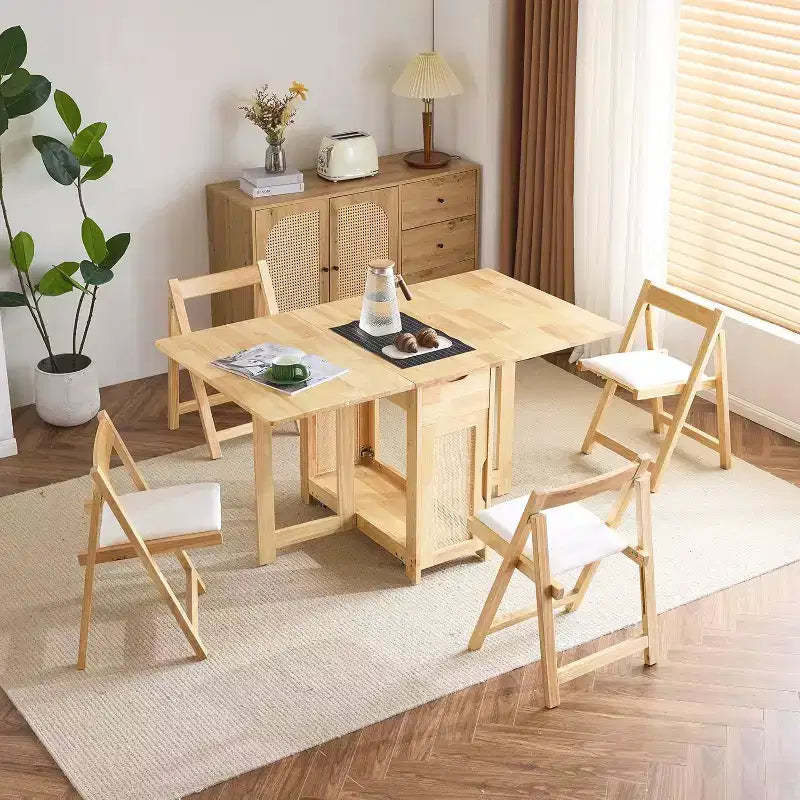 VINGLI Folding Dining Table Set, Extendable Drop Leaf Solid Wood Table with 4 Chairs,rawers & Wheels, Space-Saving for Kitchen