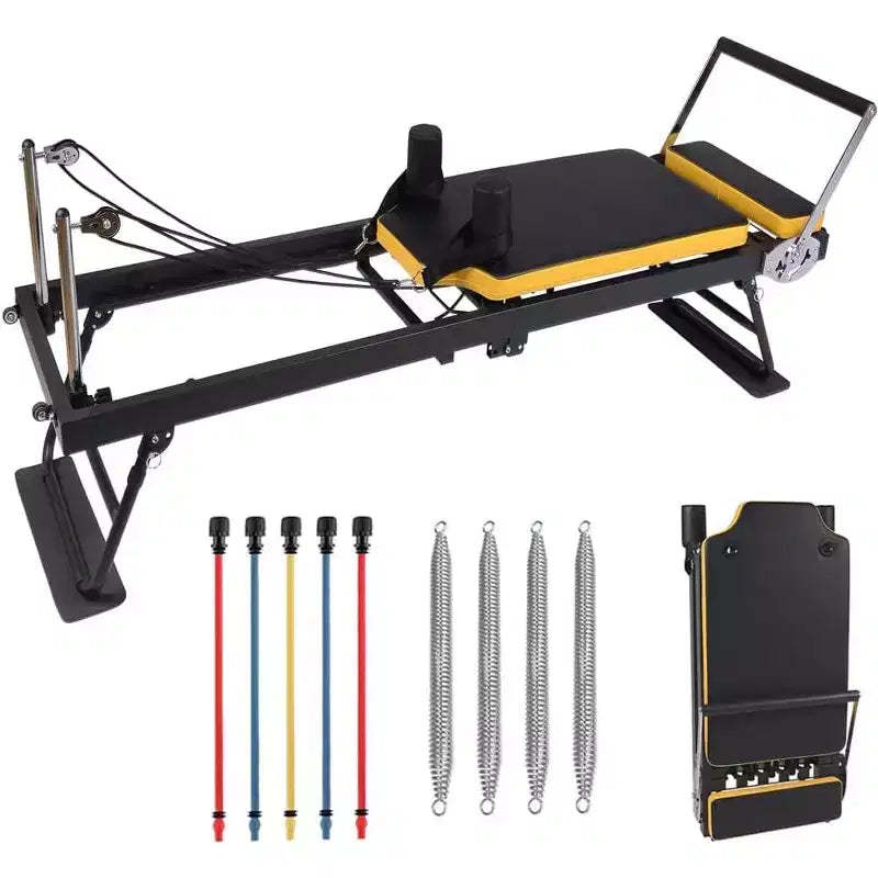 Pilates Reformer Machine with Springs & Resistance Bands, Full Body Workout Reformer Bed with Adjustable Height, Carbon Steel Frame