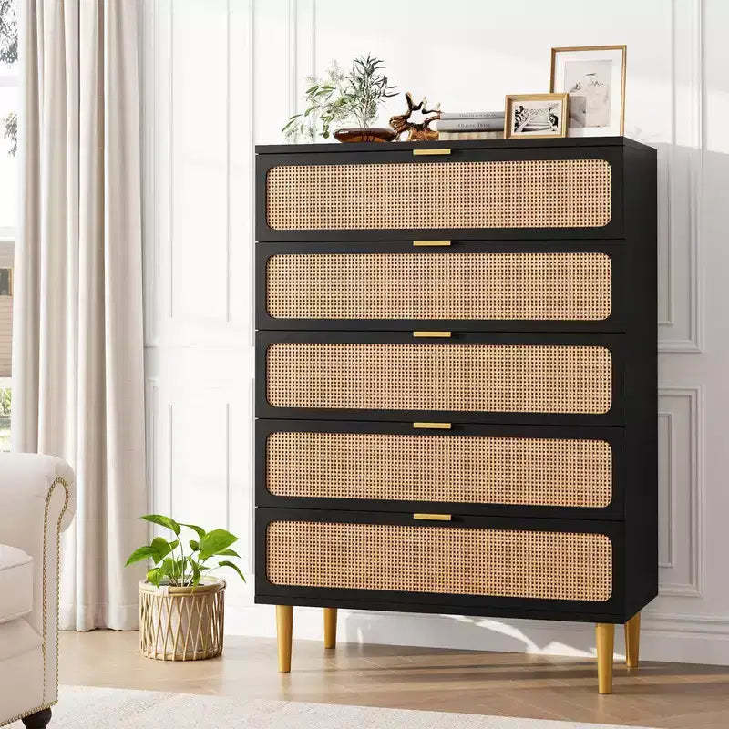 5-Drawer Rattan Dresser for Bedroom, Large Wooden Chest with Wide Top for Bedroom, Living Room, Hallway, or Kids Room