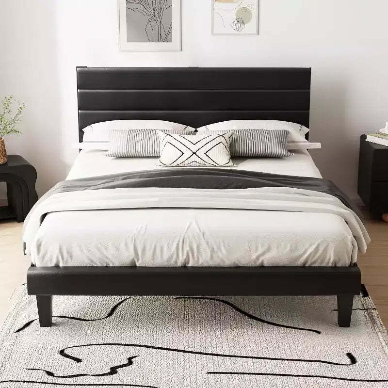 VINGLI Faux Leather Bed Frame, Upholstered Platform Bed with Adjustable Headboard,Heavy Duty Slats Support,Luxury Modern,No Box Spring Needed, Black