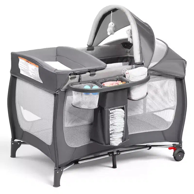 Kinder King 4-in-1 Portable Pack 'n Play with Bassinet, Changing Table, Adjustable Canopy, Storage Basket & Travel Bag  Infant to Toddler Playard
