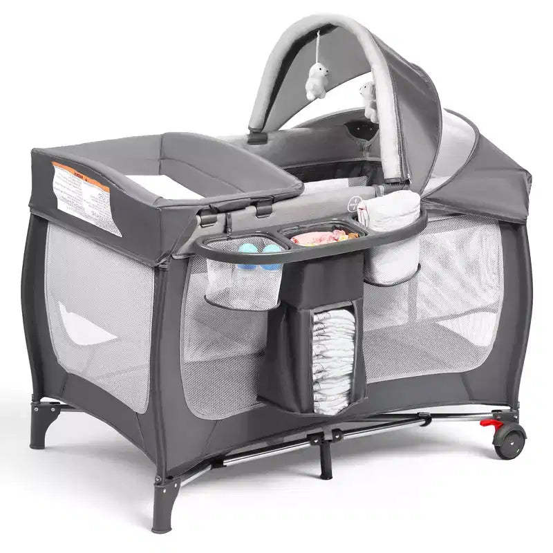 Kinder King 4-in-1 Portable Pack 'n Play with Bassinet, Changing Table, Adjustable Canopy, Storage Basket & Travel Bag  Infant to Toddler Playard