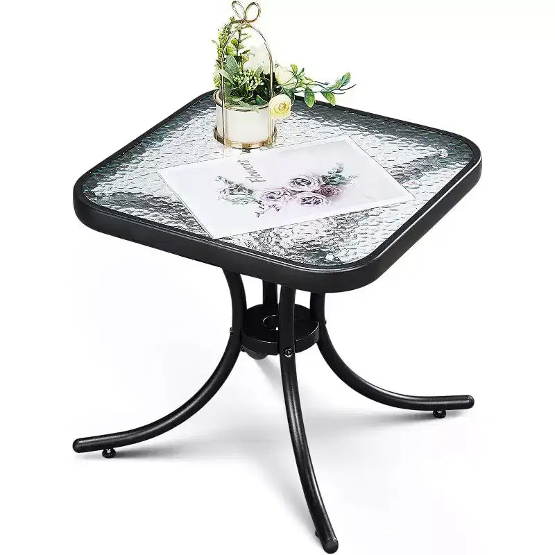 VINGLI Outdoor Side Table, 18 Patio Table Steel Frame Tempered Glass Top, Weatherproof Small Tables for Balcony Garden Poolside