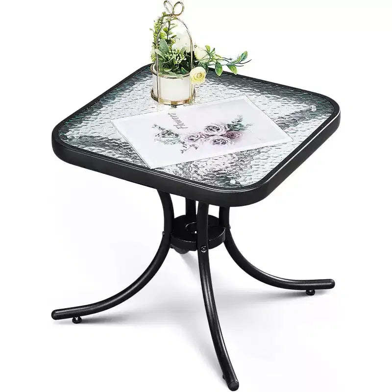 VINGLI Outdoor Side Table, 18 Patio Table Steel Frame Tempered Glass Top, Weatherproof Small Tables for Balcony Garden Poolside