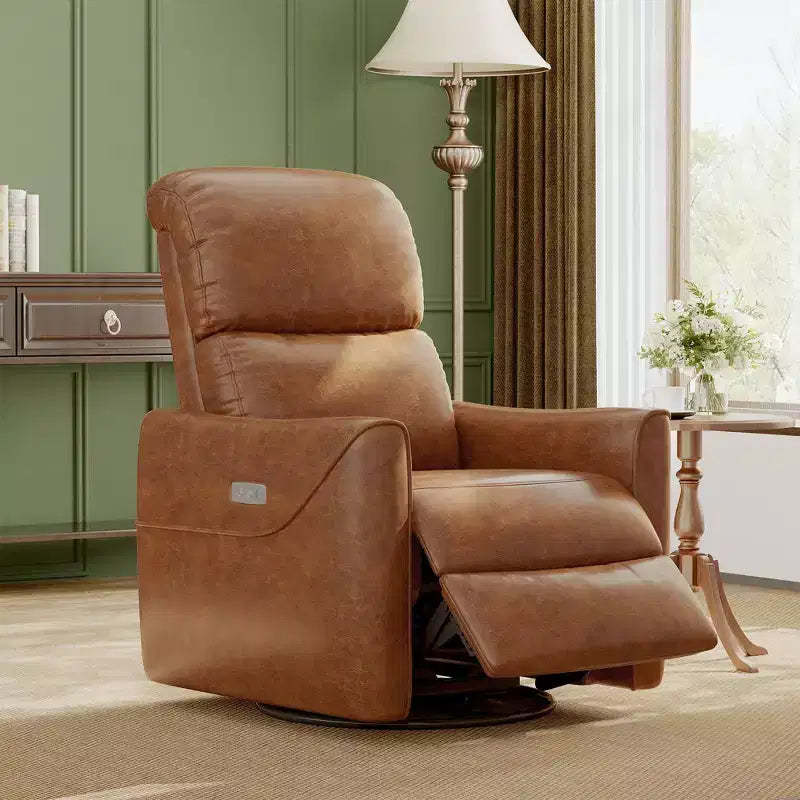PU Leather Power Swivel Glider Recliner  Nursery Rocker with Lumbar Support, USB Charging Port & Mid-Century Modern Design (Brown)