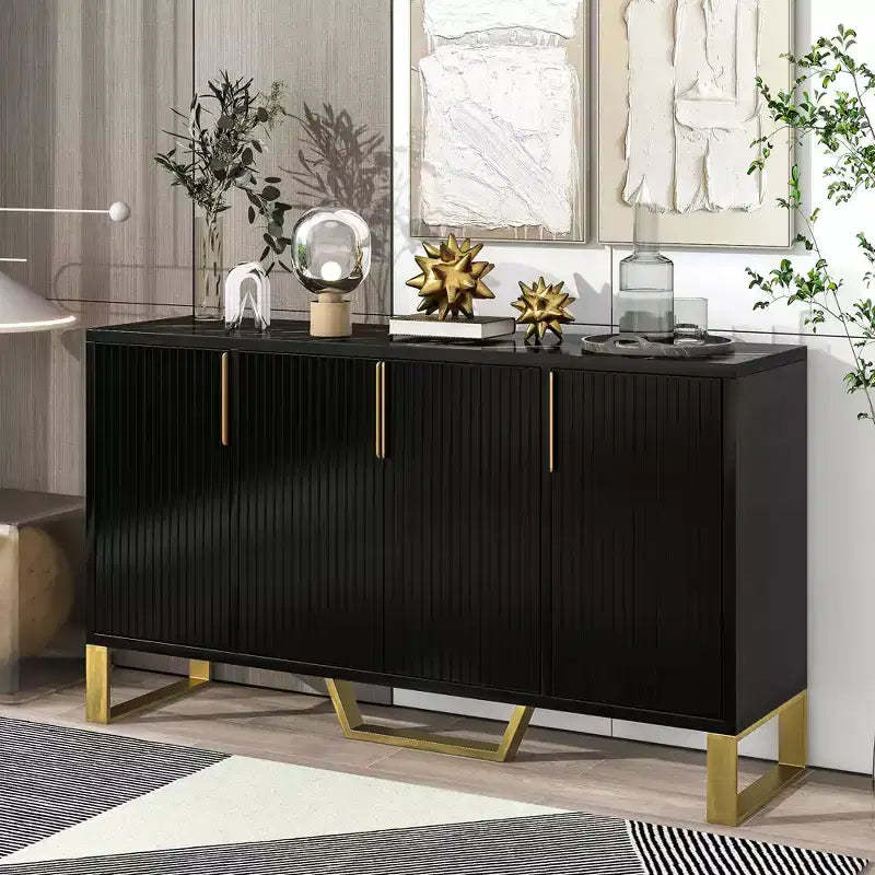 Modern sideboard with Four Doors Metal handles and Legs and Adjustable Shelves Kitchen Cabinet Black