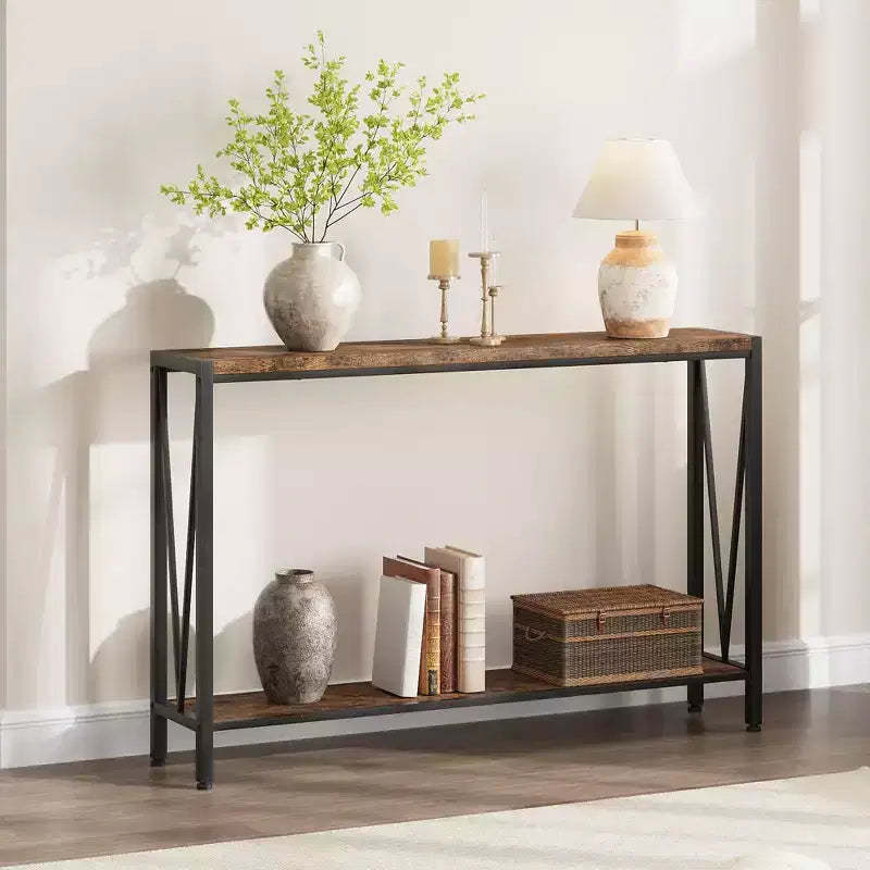 Console Table with Storage, Narrow Entryway Table C Rustic Side Table with Metal Frame for Hallway, Living Room, Bedroom
