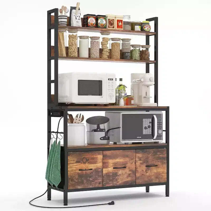 5 Tier Free Standing Bakers Rack with Power Outlet, Kitchen Bakers Rack with Drawers + Hooks, for Oven, Bread Maker, Juicer, Spice-Cans Storage