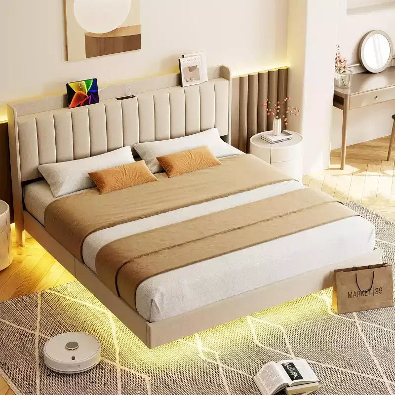 DobleePy Floating Bed Frame with Storage Headboard, LED Lights, USB Charging Station, Solid Wood Slats, Beige, Noise-Free, Easy Assembly