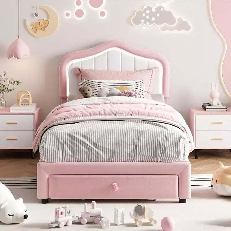 Twin Size Pink White Upholstered Bed Frame with Storage Drawer, LED Headboard, No Box Spring Needed, Easy Assembly