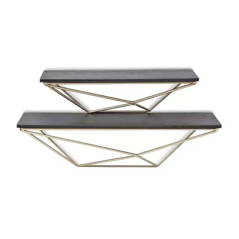 HomeRoots Set Of Two Black And Gold Wood And Metal Modern Wall Mounted Accent Shelves