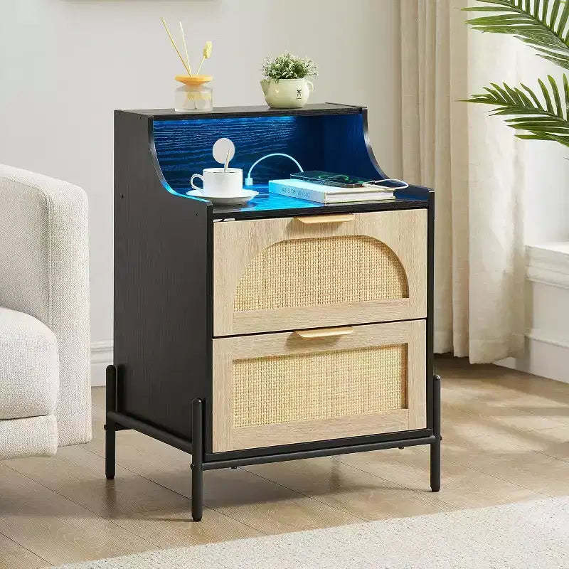 DobleePy Rattan Nightstand with Charging Station & LED Lights, 2 Drawer Bedside Table, Storage End Table for Bedroom, Living Room, Black