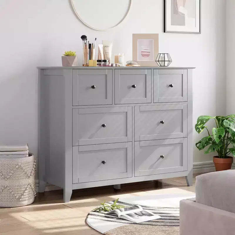 GustoWave 7 Drawer Bedroom Dresser, Modern Chest of Drawers, Wood Storage Double Dresser with Deep Drawers for Living Room, Gray