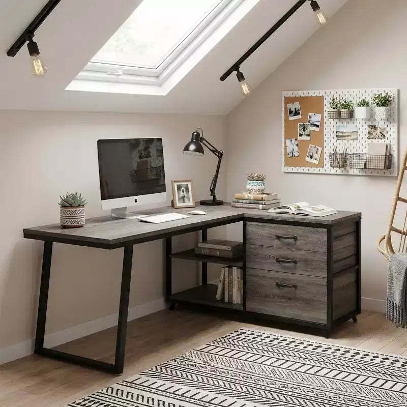 MAYEERTY Reversible L-Shaped Desk with 3 Drawers & Open Shelves, 53 Home Office Computer Desk