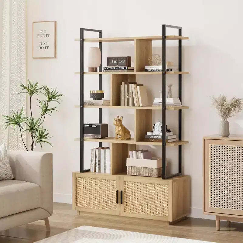 Acekool 71 5-Tier Rattan Bookshelf with Cabinet & Door, Metal Frame Industrial Bookcase for Living Room & Bedroom