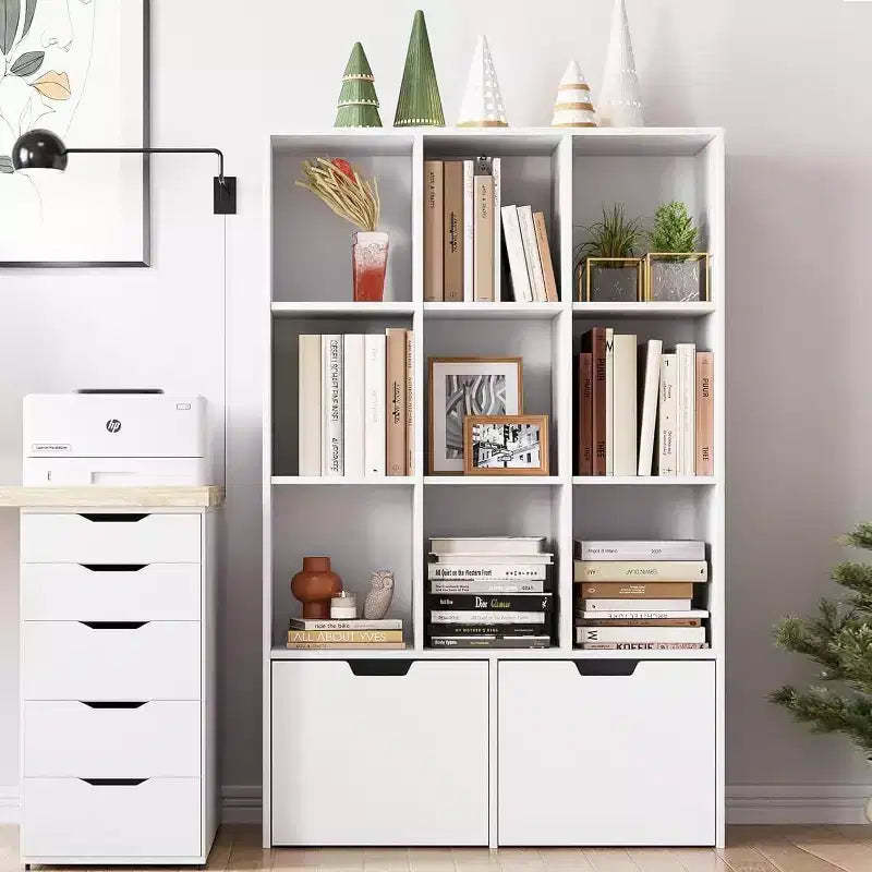 Acekool 9-Cube Storage Organizer with 2 Drawers, 3-Tier White Bookshelf for Kids Room, Living Room, Office & Bedroom