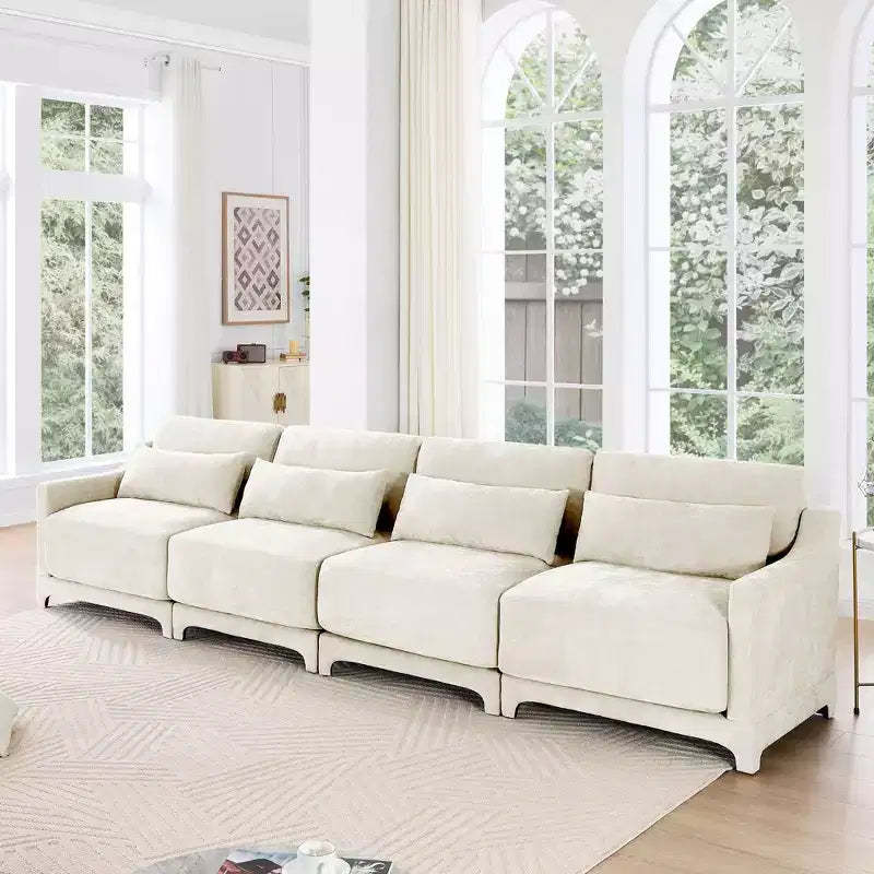 4-Seater Solid Wood Frame Chenille Beige Sofa with Lumbar Pillow High Resilience Sponge Easy Install