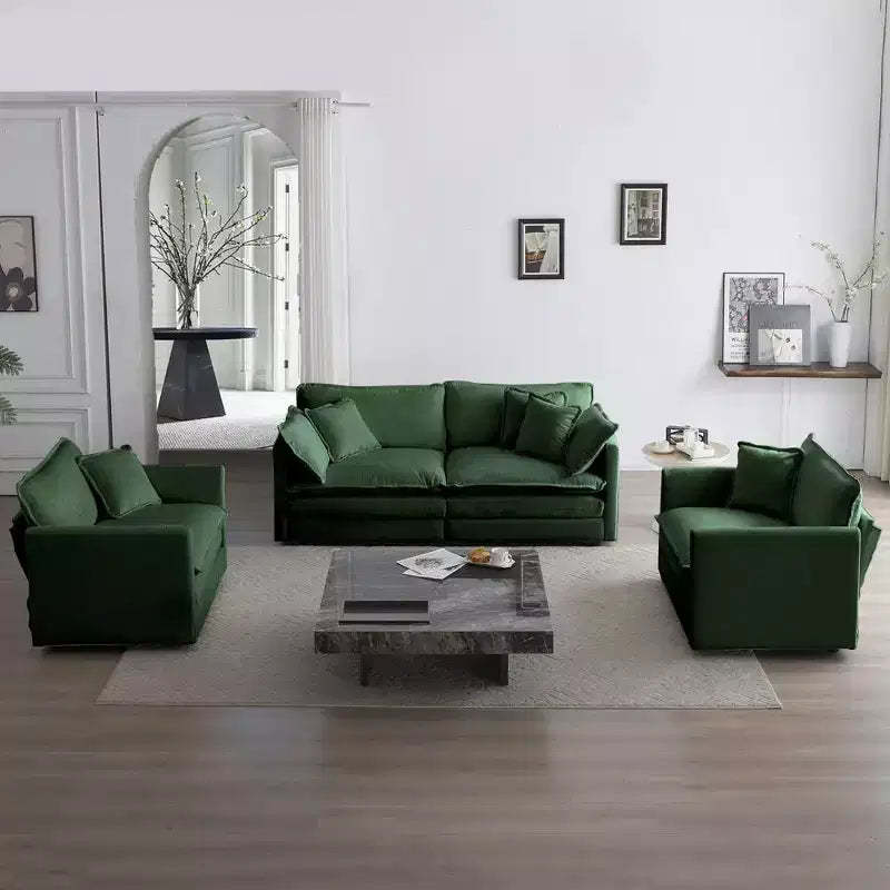 3 Piece Sofa Set with Arm Pillows and Toss Pillows Sofa Set Include 2 Piece of Arm Chair and One 2 Seat Sofa Green Chenille