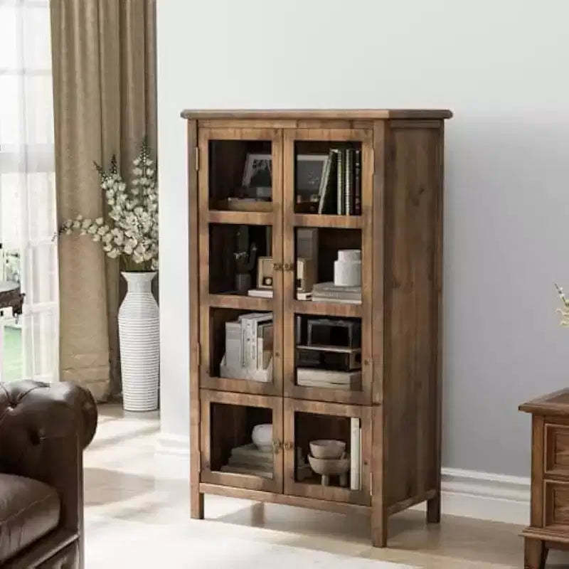 VINGLI Rustic Storage Cabinet with Glass Doors & Shelves, Showcase Display Cabinet with Cedar Wood Finish, Walnut