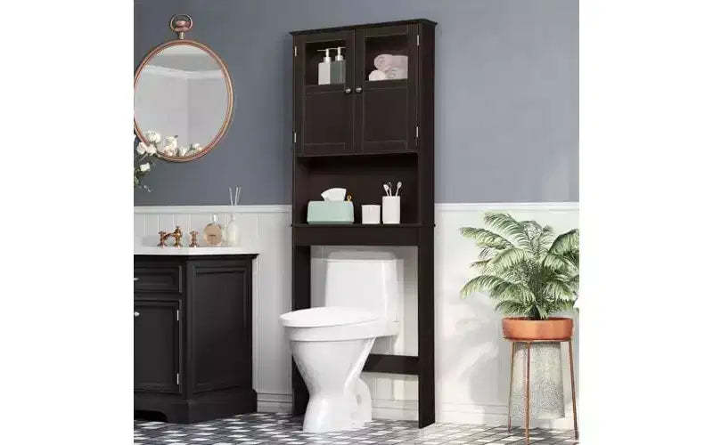 VINGLI Over The Toilet Storage Cabinet White Bathroom Storage Organizer Above The Toilet Shelf with Acrylic Glass Double Doors Espresso