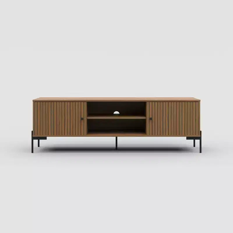 Tree city - 60 inches wide Golden Sandalwood TV Stand, fits 45-75 inch TVs, Modern Media Console with Storage Cabinets & Slatted Doors for living room