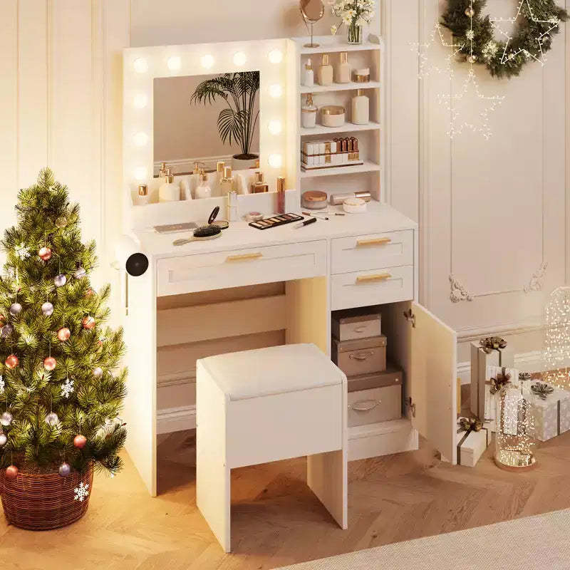 COZONY 37 Vanity Cabinet with Mirror & Lights, Makeup Table Set with 3 Drawers, 3-Color Dimming, Power Outlets