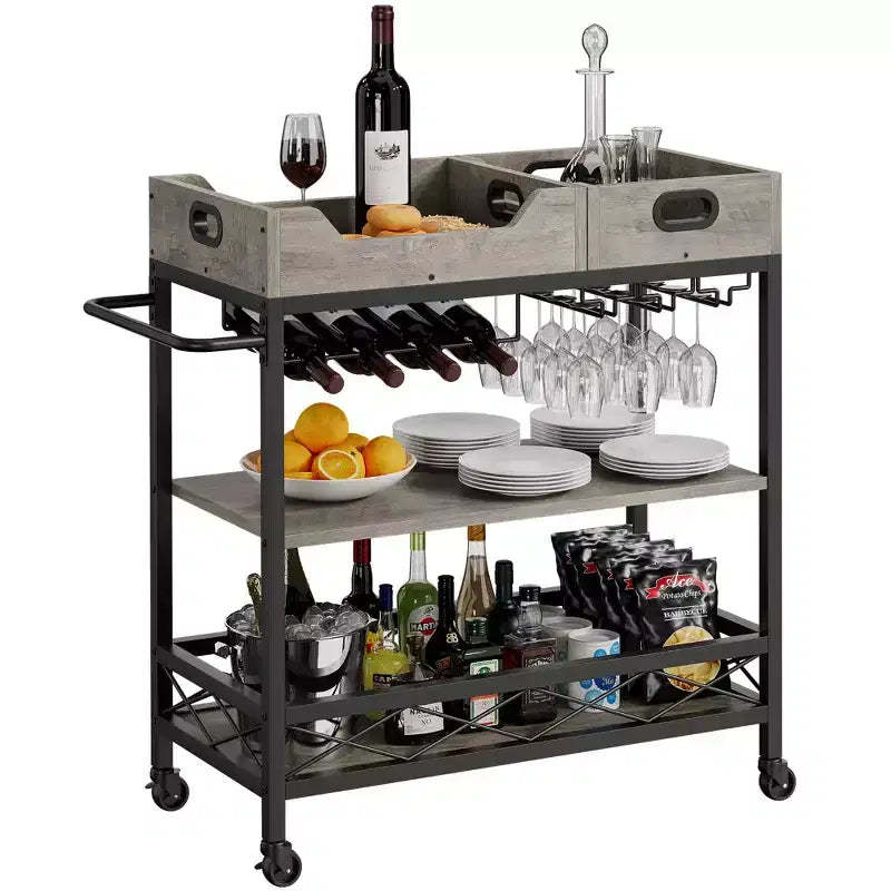 Acekool Bar Cart for Home, 3 Tier Rolling Cart with Removable Tray, Brown Gray Metal Frame, Serving Storage Shelves for Kitchen Dining