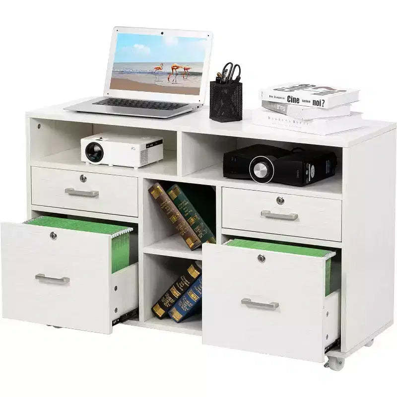 VINGLI Wood File Cabinet with 4 Drawers for Letter Files, Mobile Printer Stand, Lockable Lateral Filing Cabinets for Home Office, White