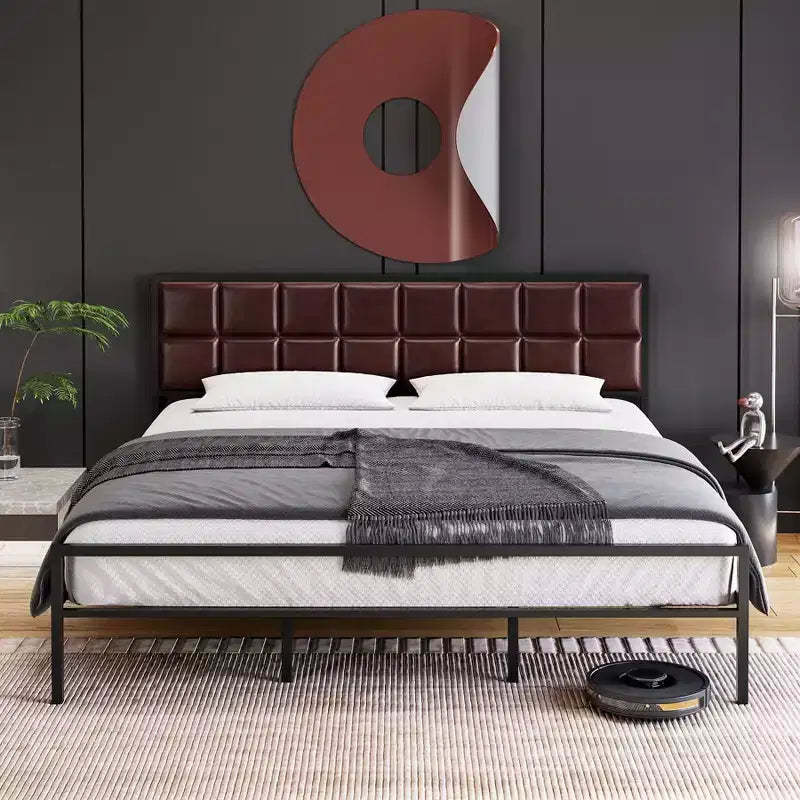 A+ Faux Leather Platform Bed Frame with Upholstered Square Stitched Headboard