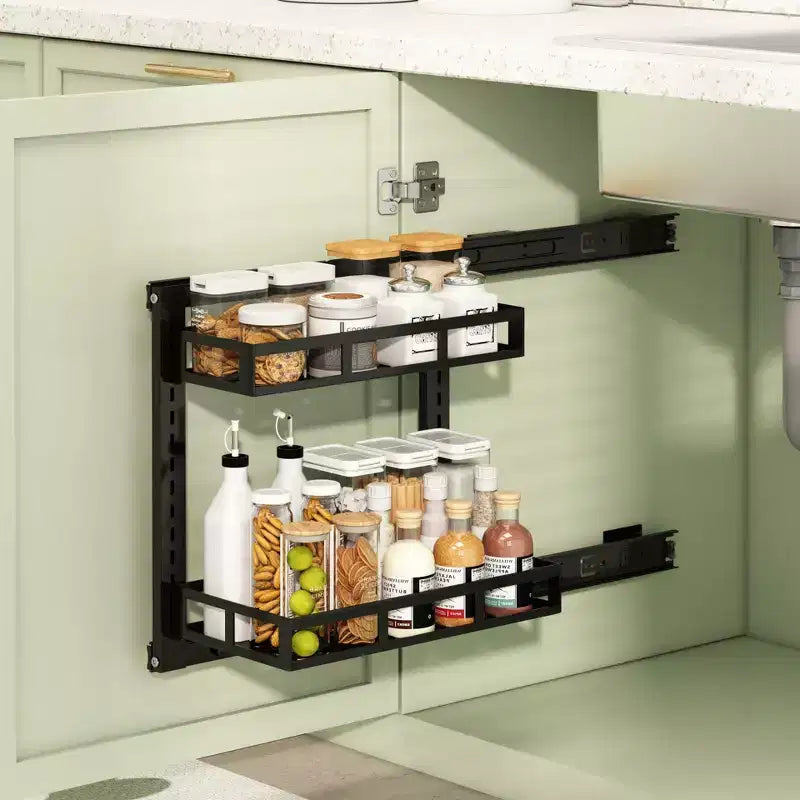 TROPOW Under Sink Storage Organiser, 2 Tier Carbon Steel Pull Out Cabinet Organizer Rack with Sliding Basket, Under Sink Slide Out Storage Shelf