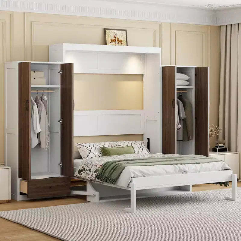 ModernLuxe Full/Queen Size Murphy Bed with Closet, Drawers & Table - Wall Bed for Small Spaces, White