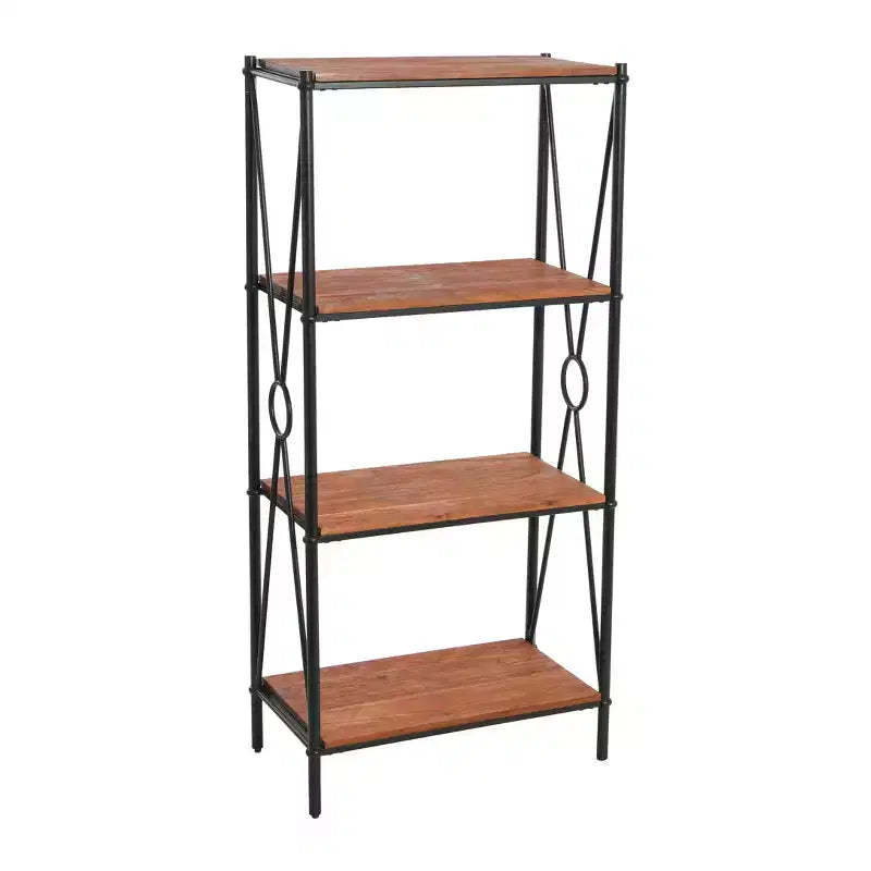 Storied Home Saratoga Rustic Solid Wood and Metal 4 Shelf Open Storage Bookshelf, Warm Walnut Finish