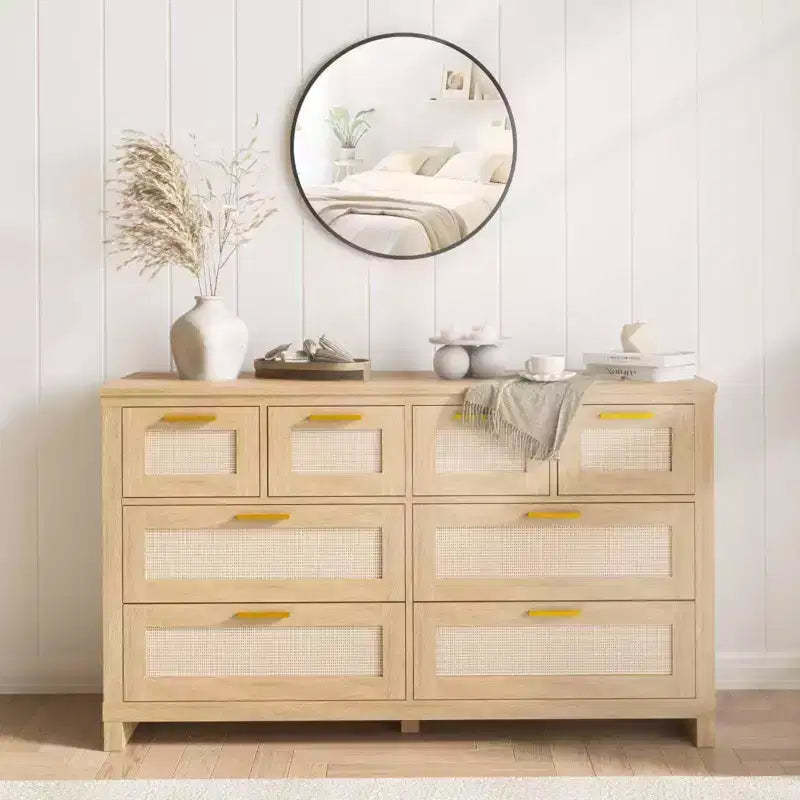 Dresser with 8 Drawers, Boho Modern Wooden Chest C Space-Saving Storage for Bedroom, Rattan & Lacquered Finish