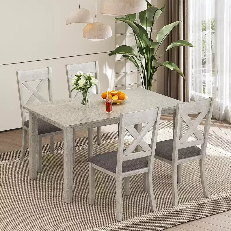 VECELO Farmhouse Style Dining Table Set, Rubber Wood Table with 4/6 Upholstered Dining Chairs, Gray