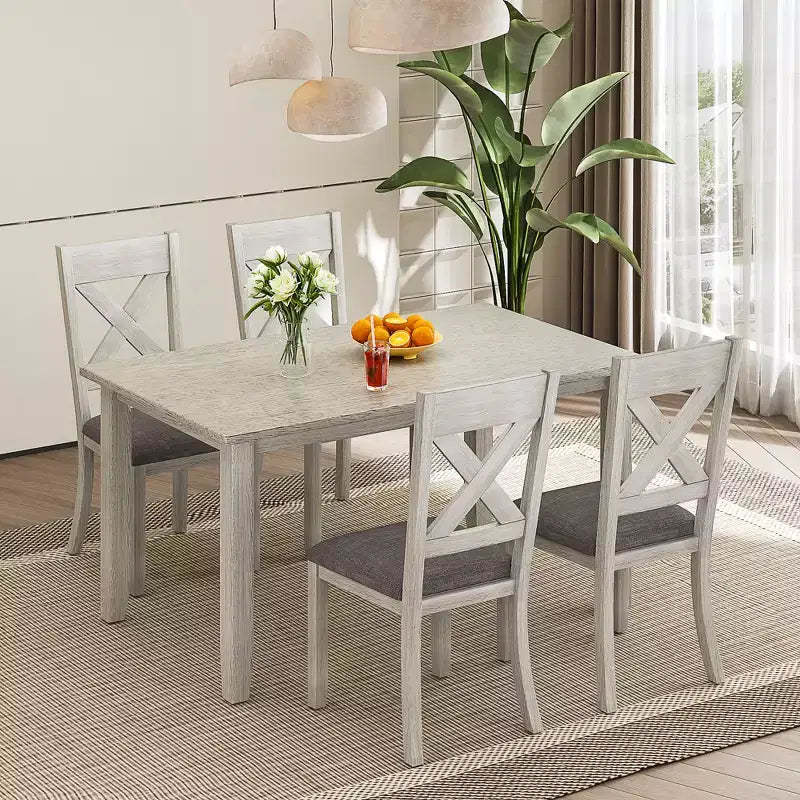 VECELO Farmhouse Style Dining Table Set, Rubber Wood Table with 4/6 Upholstered Dining Chairs, Gray