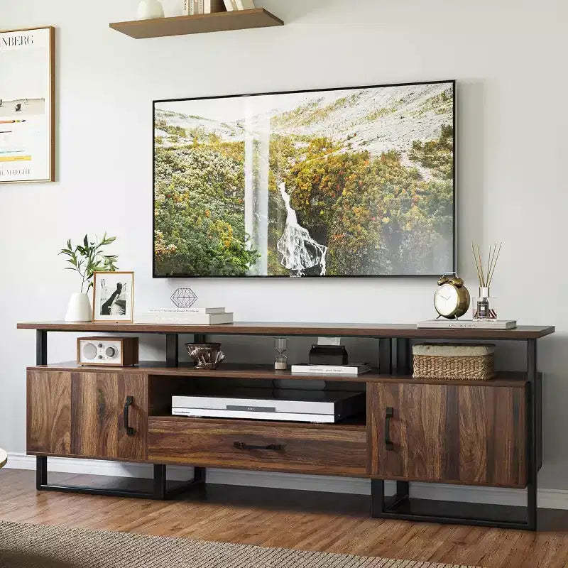 75 Inch Industrial TV Stand - Mid Century Modern Media Console with Storage Drawer & Cabinet, 70 Entertainment Center, Rustic Brown