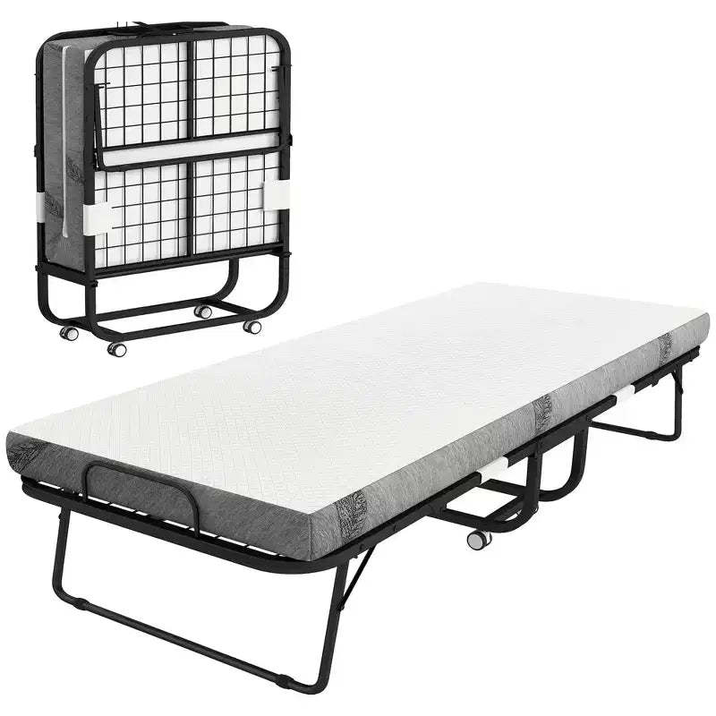 HOMCOM Rollaway Bed, Folding Bed with Mattress, Portable Foldable Guest Bed with Sturdy Metal Frame and Wheels, White