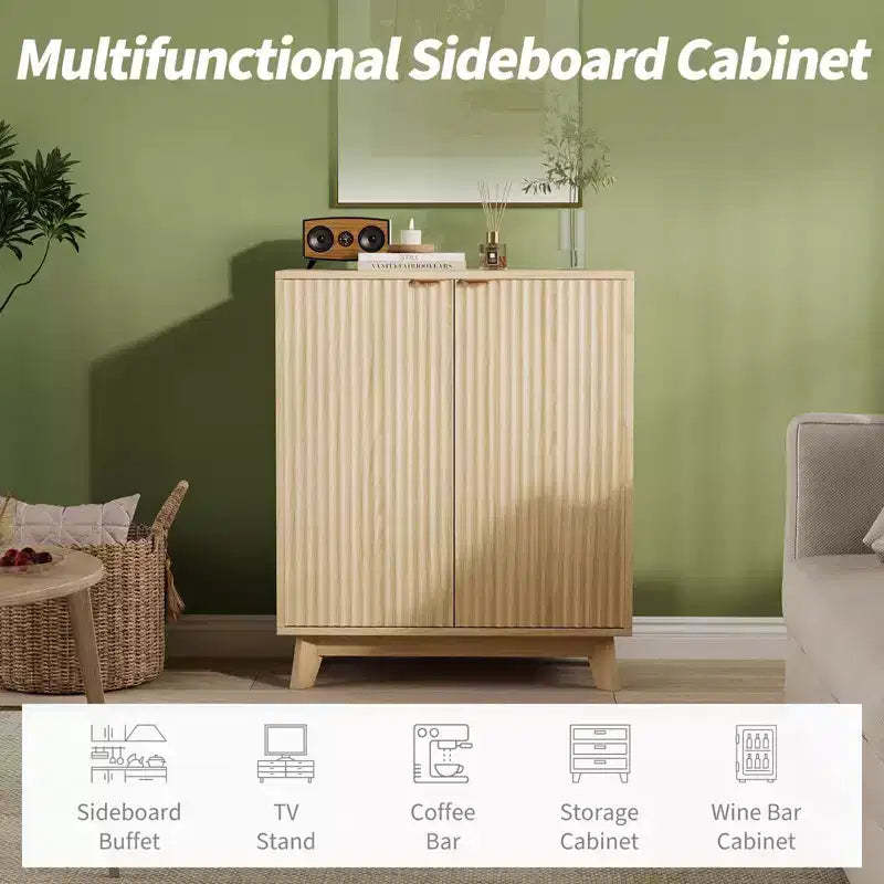 Fluted Sideboard Buffet Cabinet with Storage, Modern Storage Cabinet with 2 Doors and Adjustable Shelves Wood Color