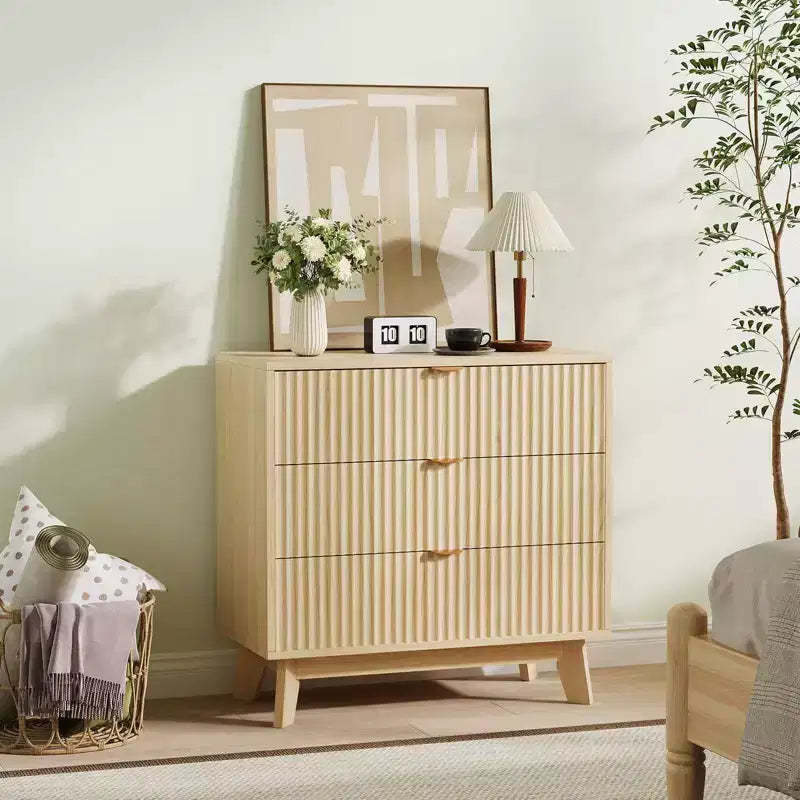 Fluted 3 Drawer Dressers, Modern Closet Dressers Chest of Drawers, Wood Storage Dresser Chest of Drawers Organizer