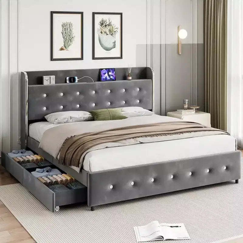 Full Bed Frame with 4 Storage Drawers, Velvet Upholstered Platform Bed Frame, Wooden Slats Support, No Box Spring Needed, 1000lbs Support, Gray