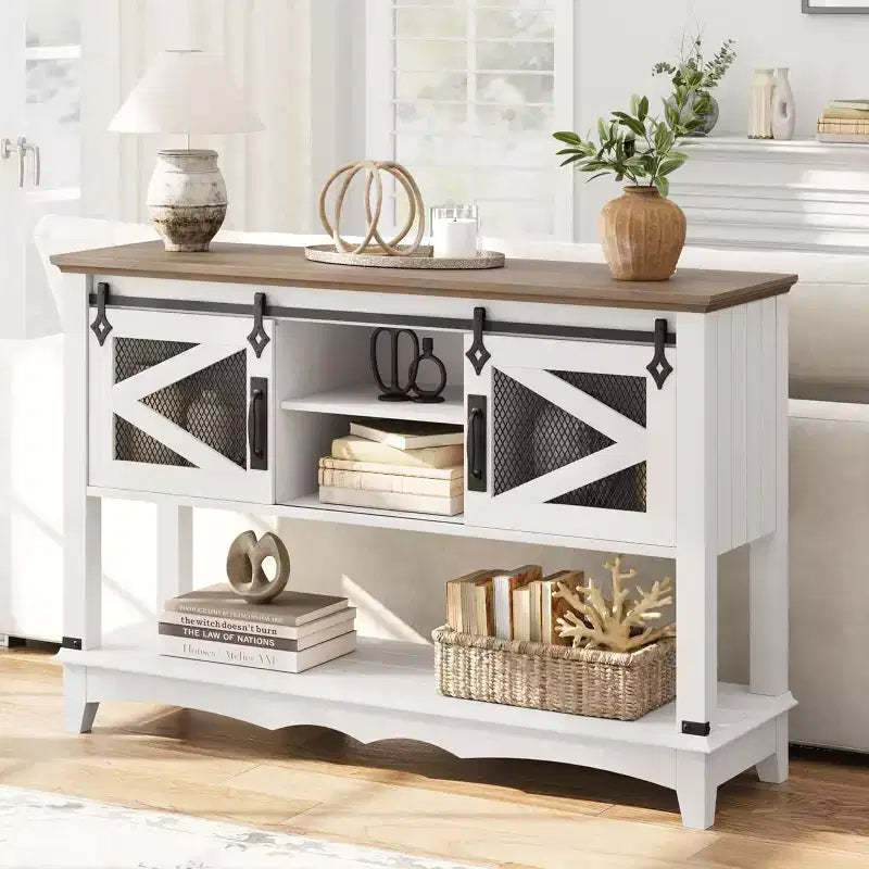 Farmhouse Entryway Table with Storage, White Console Table with Sliding Barn Doors, Wooden Sofa Table with Cabinet for Entryway & Living Room