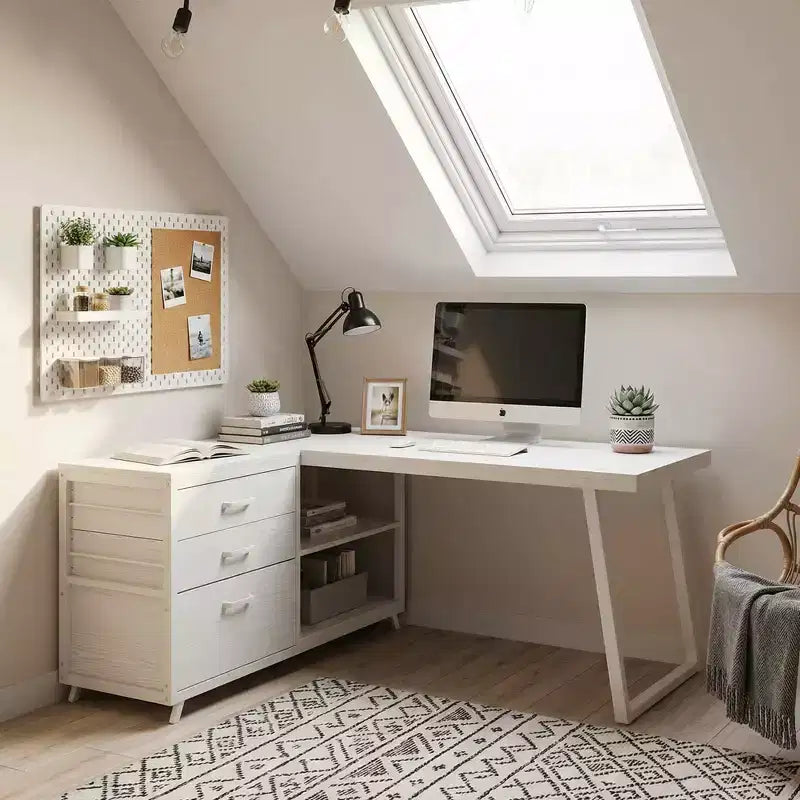 MAYEERTY Reversible L-Shaped Desk with 3 Drawers & Open Shelves, Rustic Home Office Computer Desk