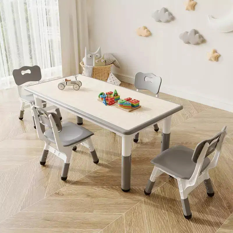 Toddler Table and Chairs Set - Adjustable Height Kids Activity Table with Graffiti Top, 12 Washable Markers & Non-Slip Mats (4-Piece Set, Grey)