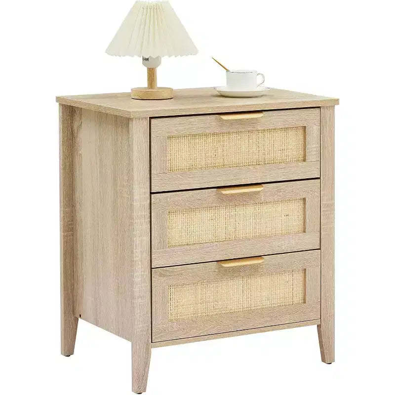 Rattan Nightstand 21.7L x 15.7W x 25H Oak Finish with 3 Natural Rattan Drawers, Solid Wood Legs, Boho Bedside Table for Bedroom & Living Room