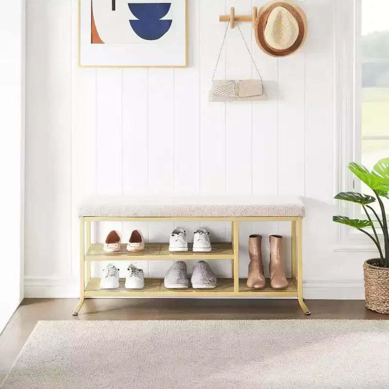 Shoe Bench,3-Tier Shoe Rack for Entrance,Shoe Storage Rack with Soft Seat,with Metal Frame,Suitable for Living Room Hallway Gold