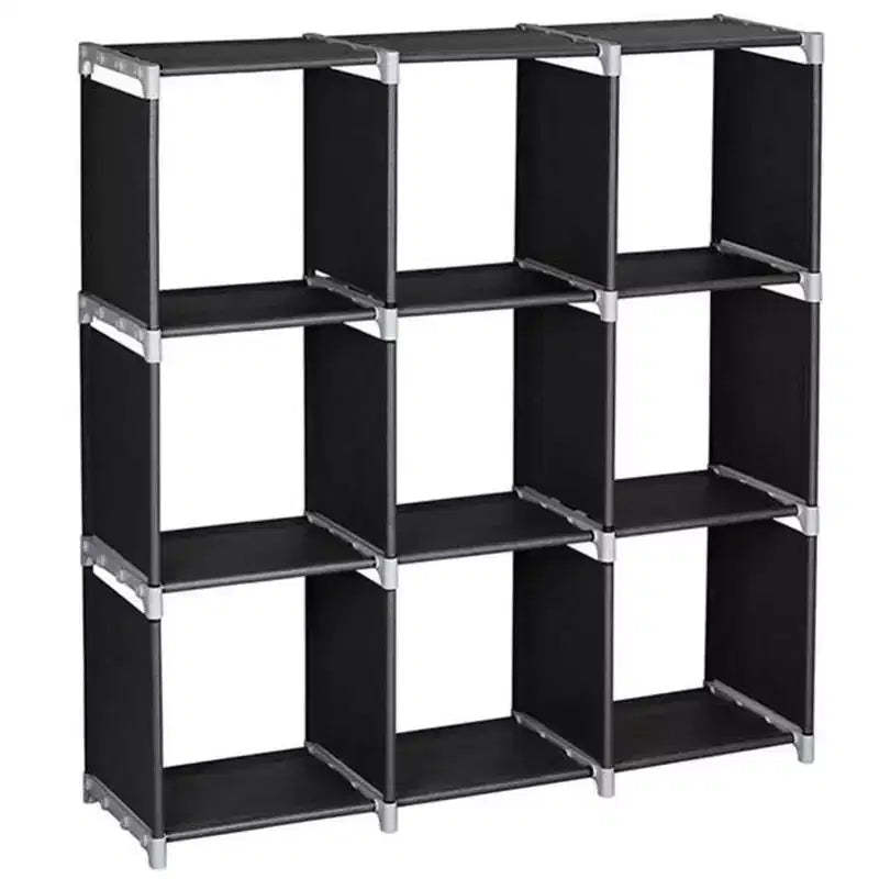Closet Organizer Shelf 3-Tier 9-Cube Steel Storage Rack, DIY Staircase Organizer for Bathroom, Kitchen, Office (Black)