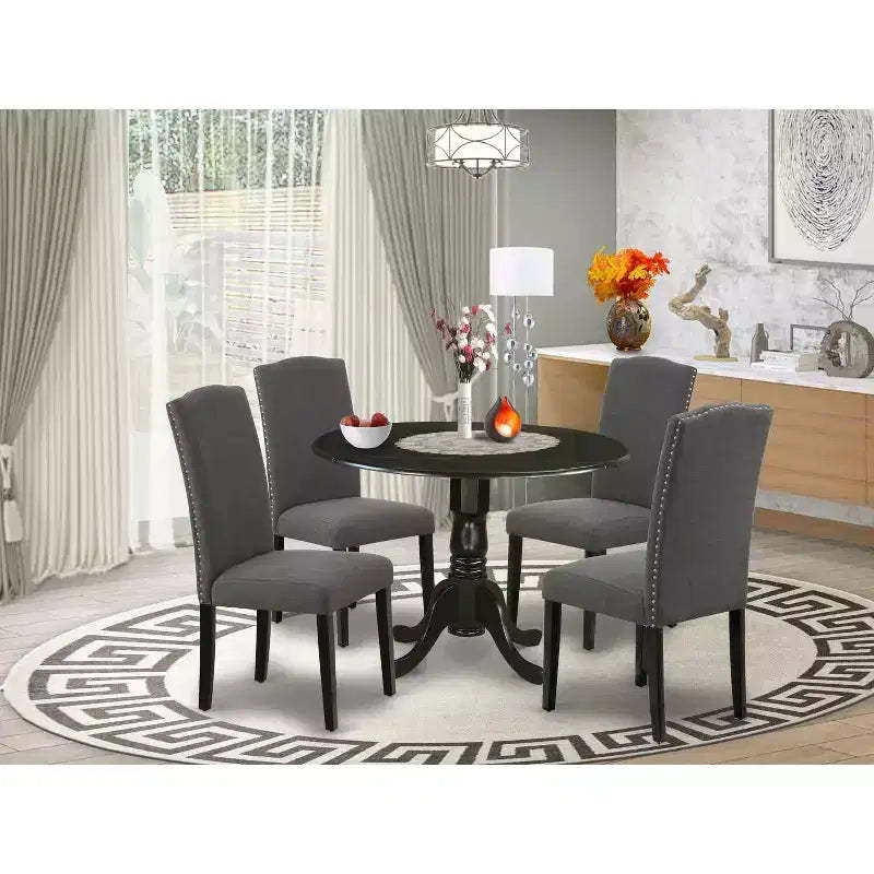 HomeStock Round Dropleaf Dining Set with 4 Parson Chairs Black